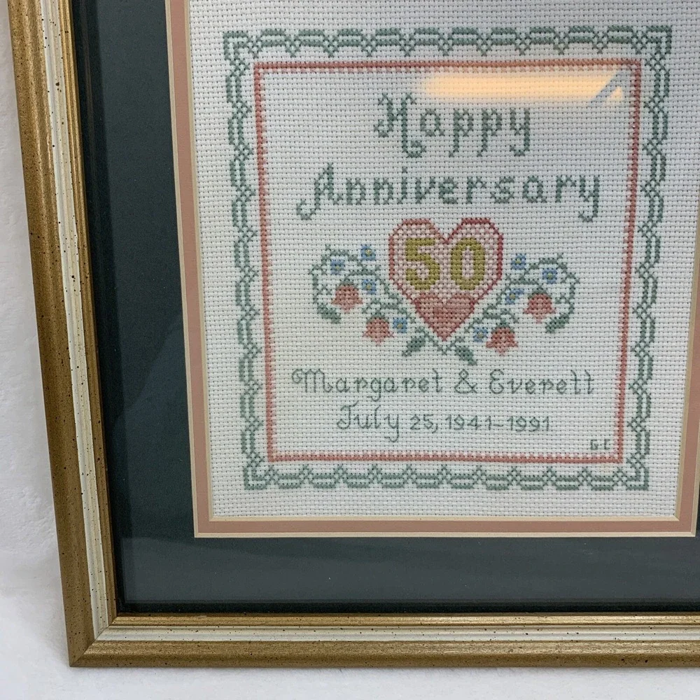 Vtg Framed Completed Cross Stitch 50th Happy Anniversary Floral Heart 12